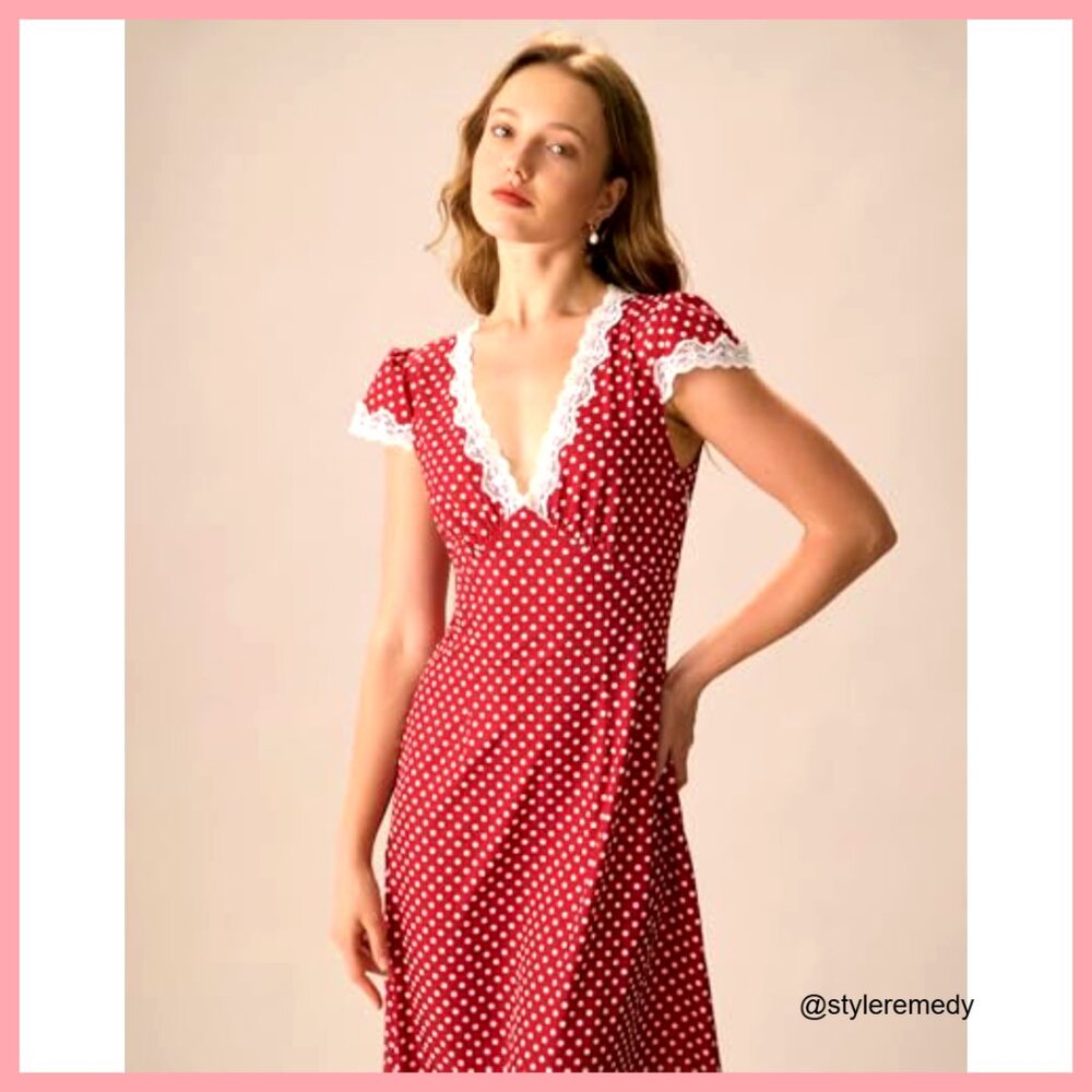 Summer Cotton Dress Deep V Neck Polka Dot Lace Party Casual - Picture 3 of 7
